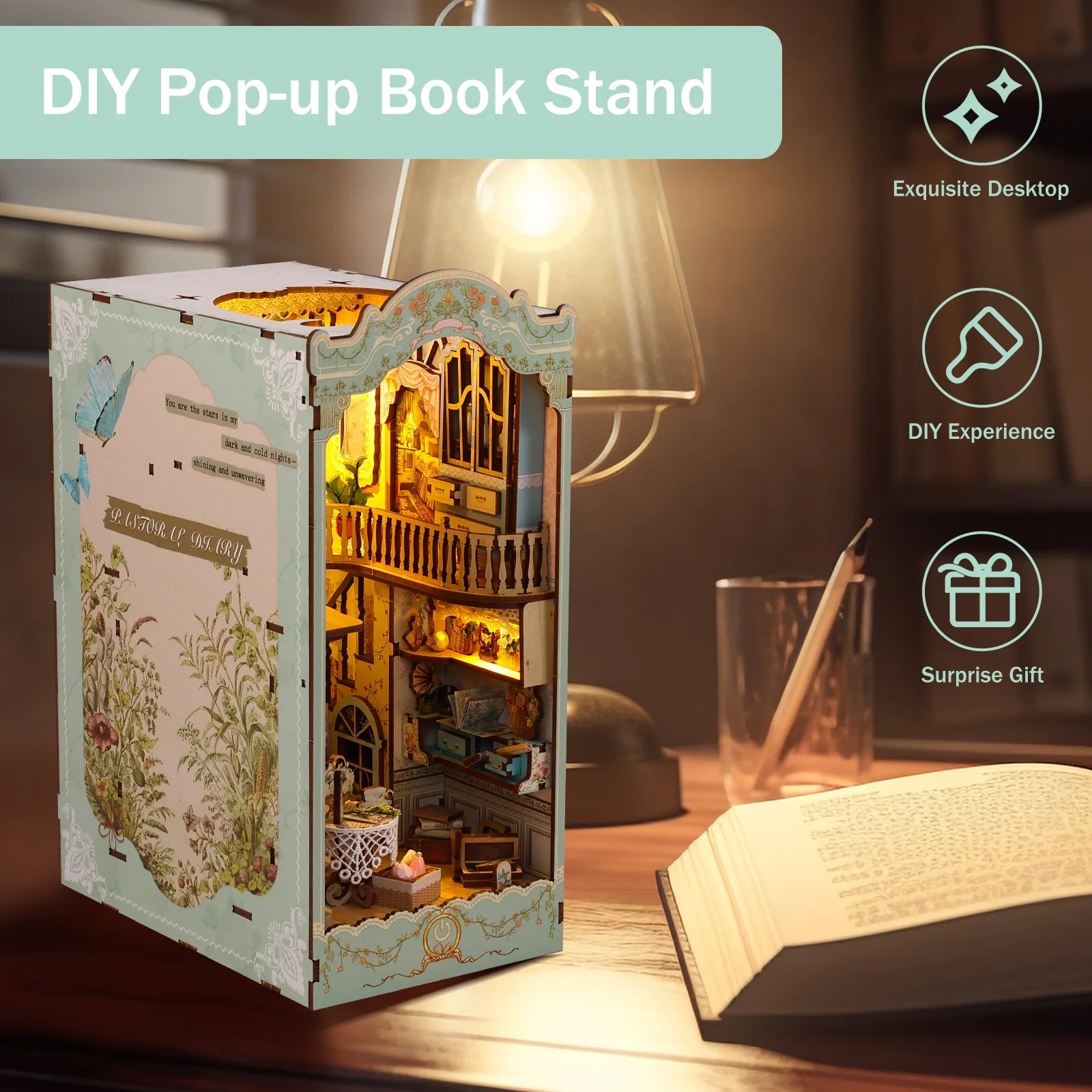DIY Book Nook Kit, 3D Wooden Puzzle Bookshelf Insert Decor with LED Light B47802