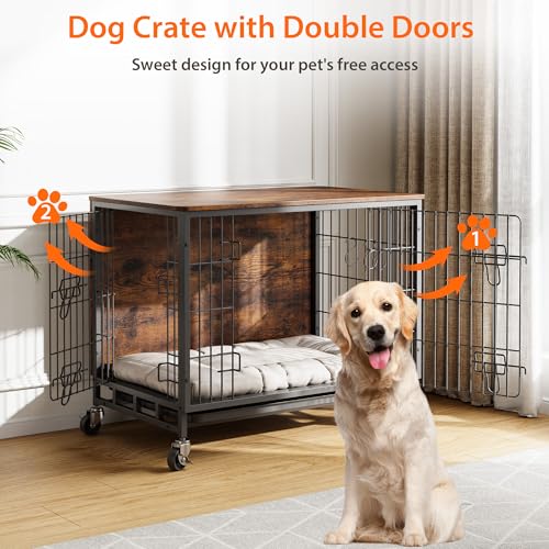 Brown Black Metal Dog Crate with Shelves W34545