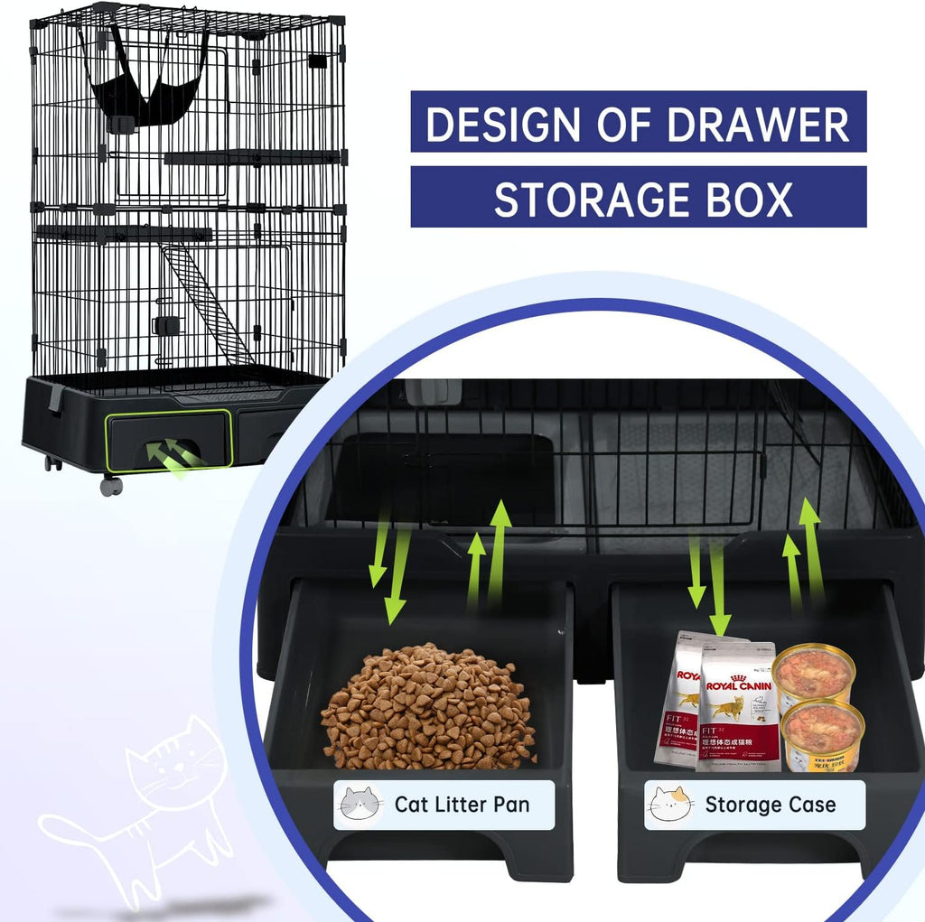 Large Metal Wire Cat Cage with Litter Box & 2 Front Door & Ramp Ladders & 2 Resting Platforms Tray I5908