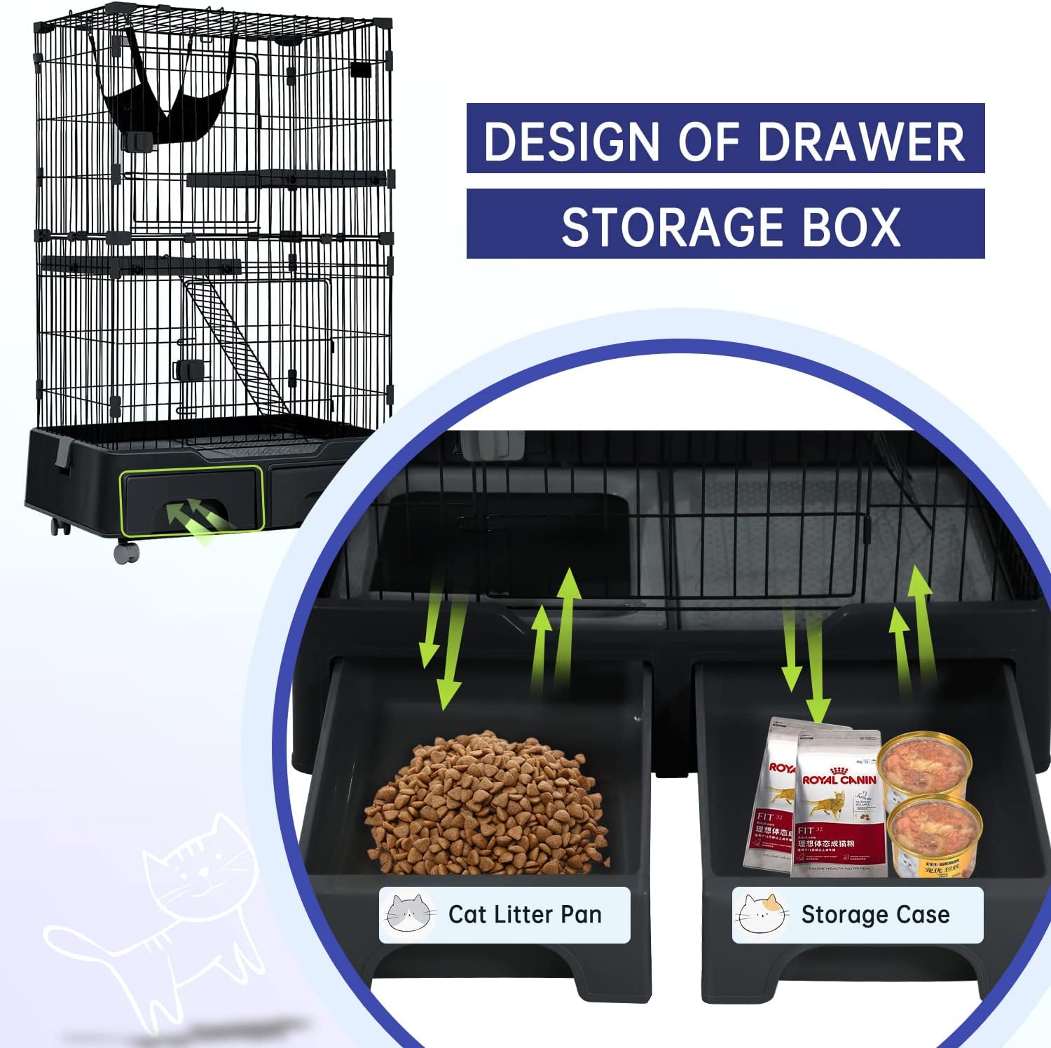 Large Metal Wire Cat Cage with Litter Box & 2 Front Door & Ramp Ladders & 2 Resting Platforms Tray I5908