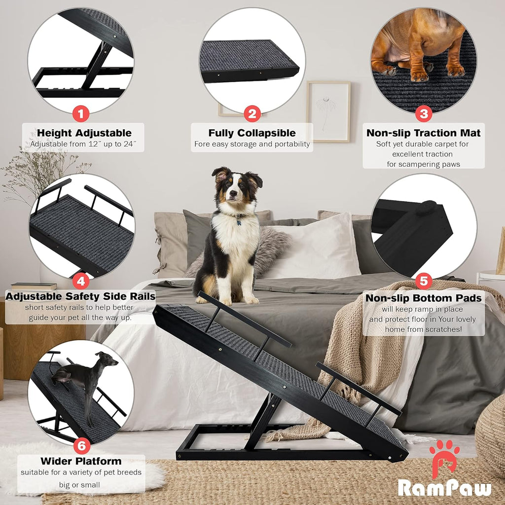 Adjustable Pet Ramp with Non Slip Traction Mat, Safety Side Rails (Black) D594607