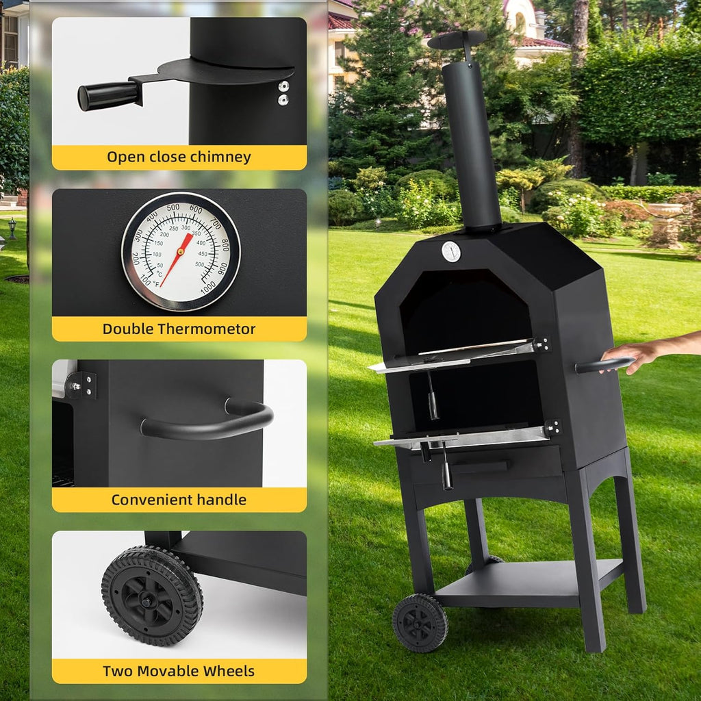 Black Portable Wood-Fired Pizza Oven with Pizza Stone K940904