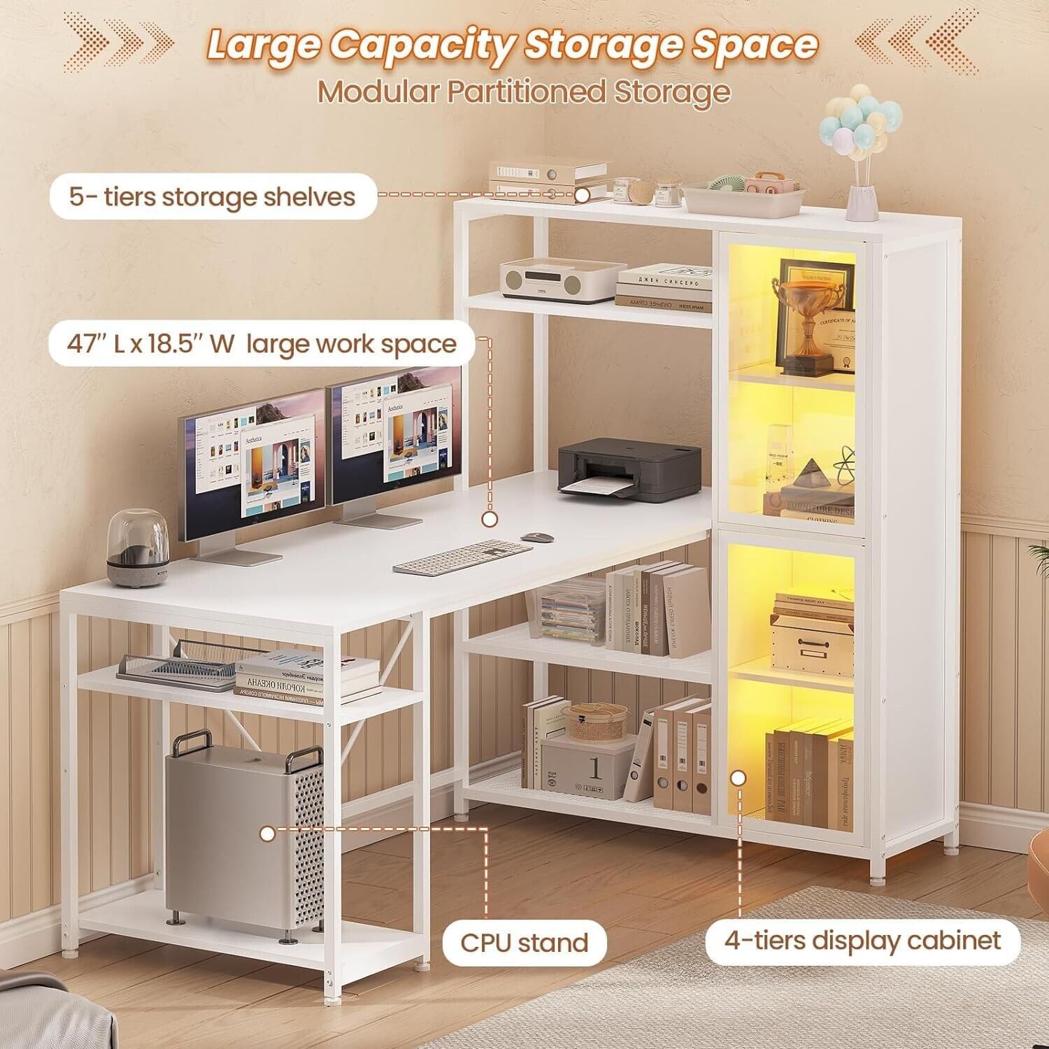 White L Shape Computer Desk with LED Light Shelves H907