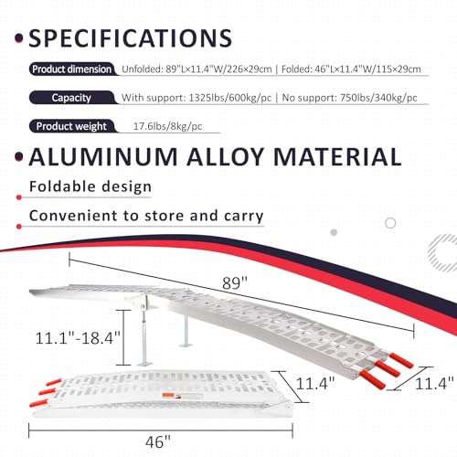 7.5FT Aluminum Folding Truck Loading Ramps with Support Legs / 2Pcs J623