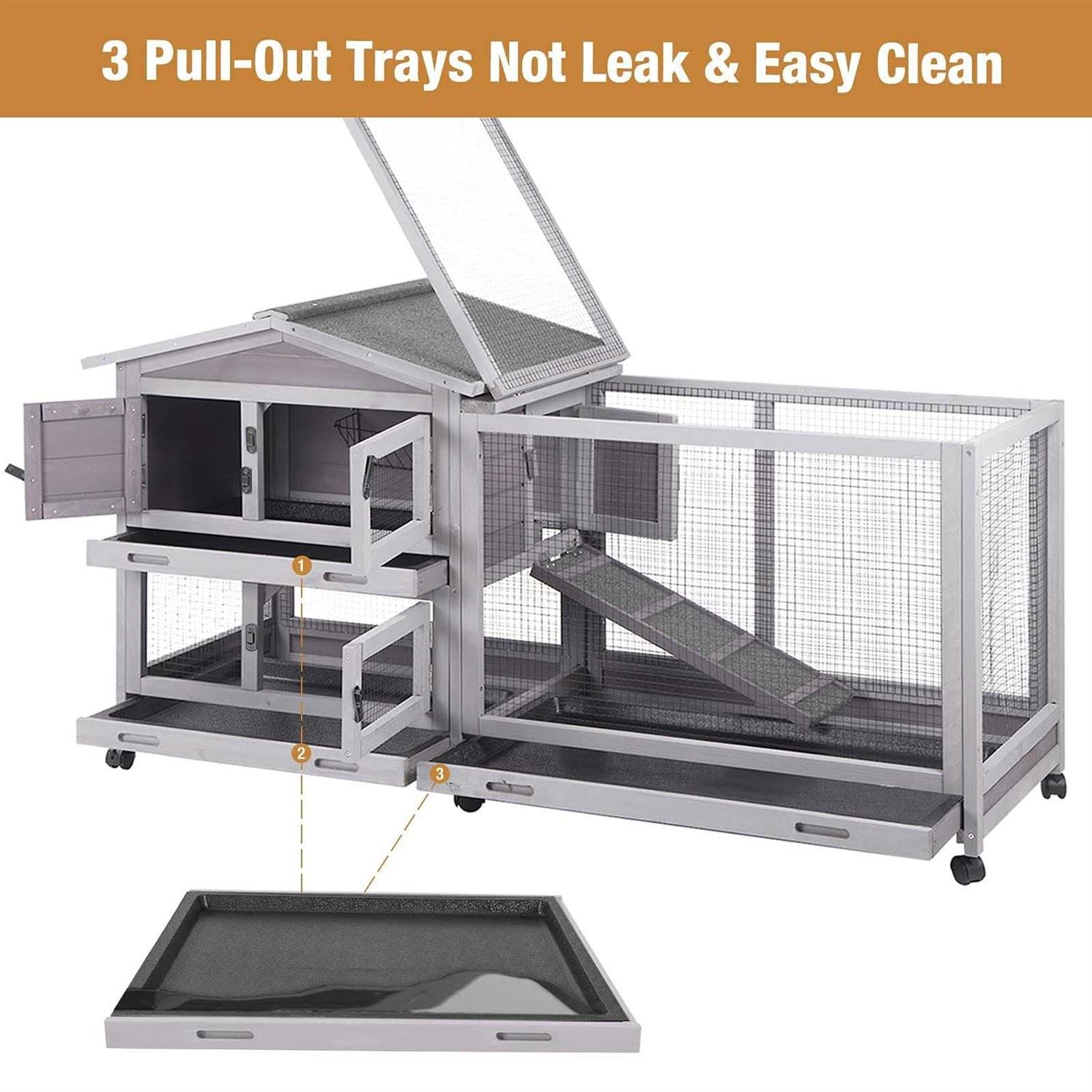 Bunny Cage Rabbit Hutch with Casters Waterproof Roof Pull Out Tray F561633