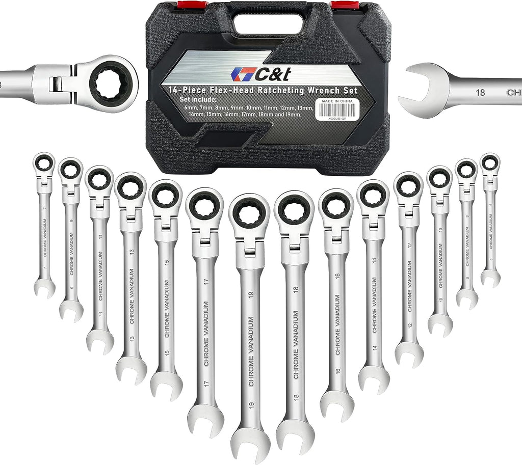 14-Piece 180° Flex-Head Ratcheting Wrench Set Metric 6-19mm 72 Teeth CR-V Steel C202029