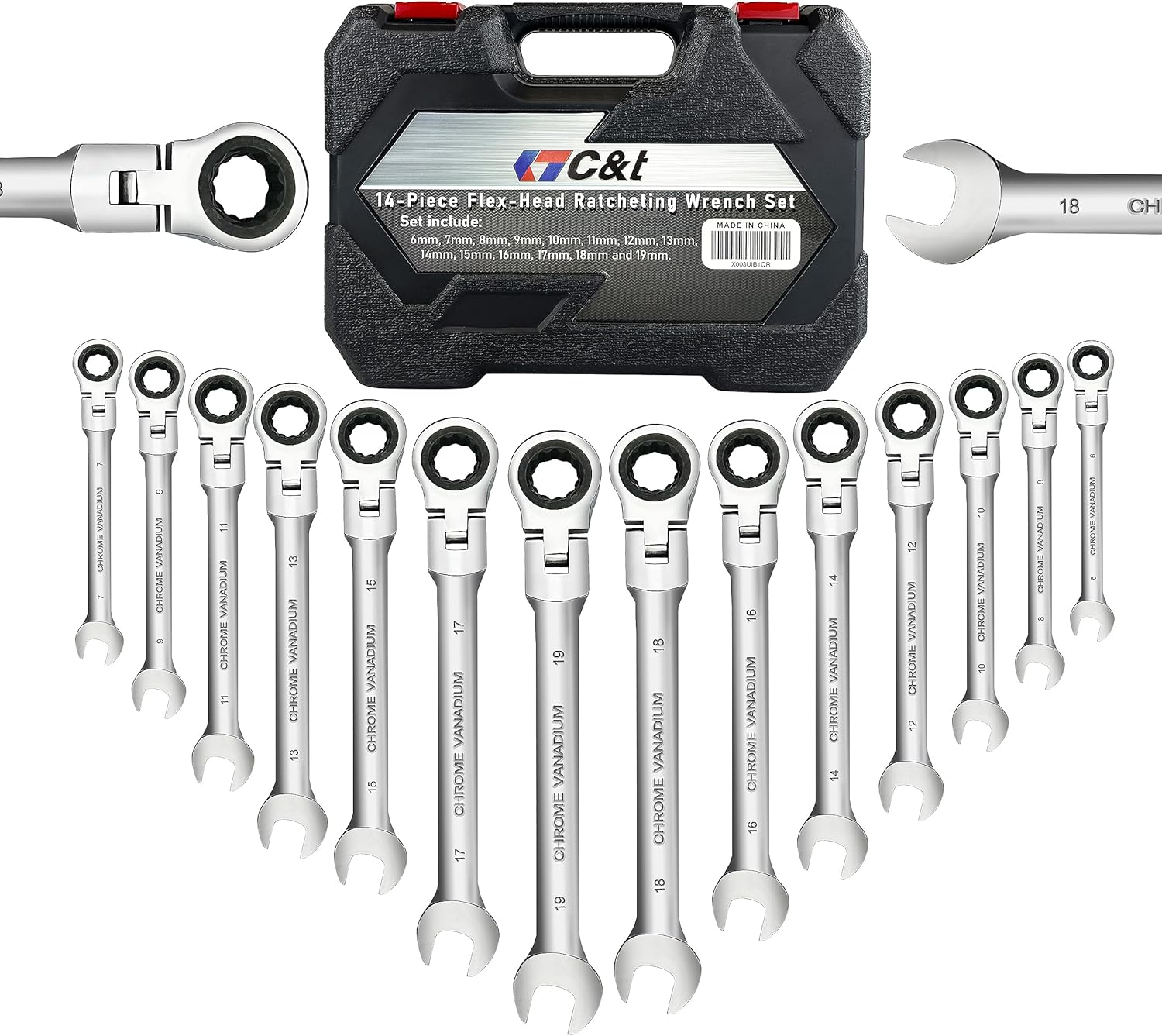 14-Piece 180° Flex-Head Ratcheting Wrench Set Metric 6-19mm 72 Teeth CR-V Steel C202029