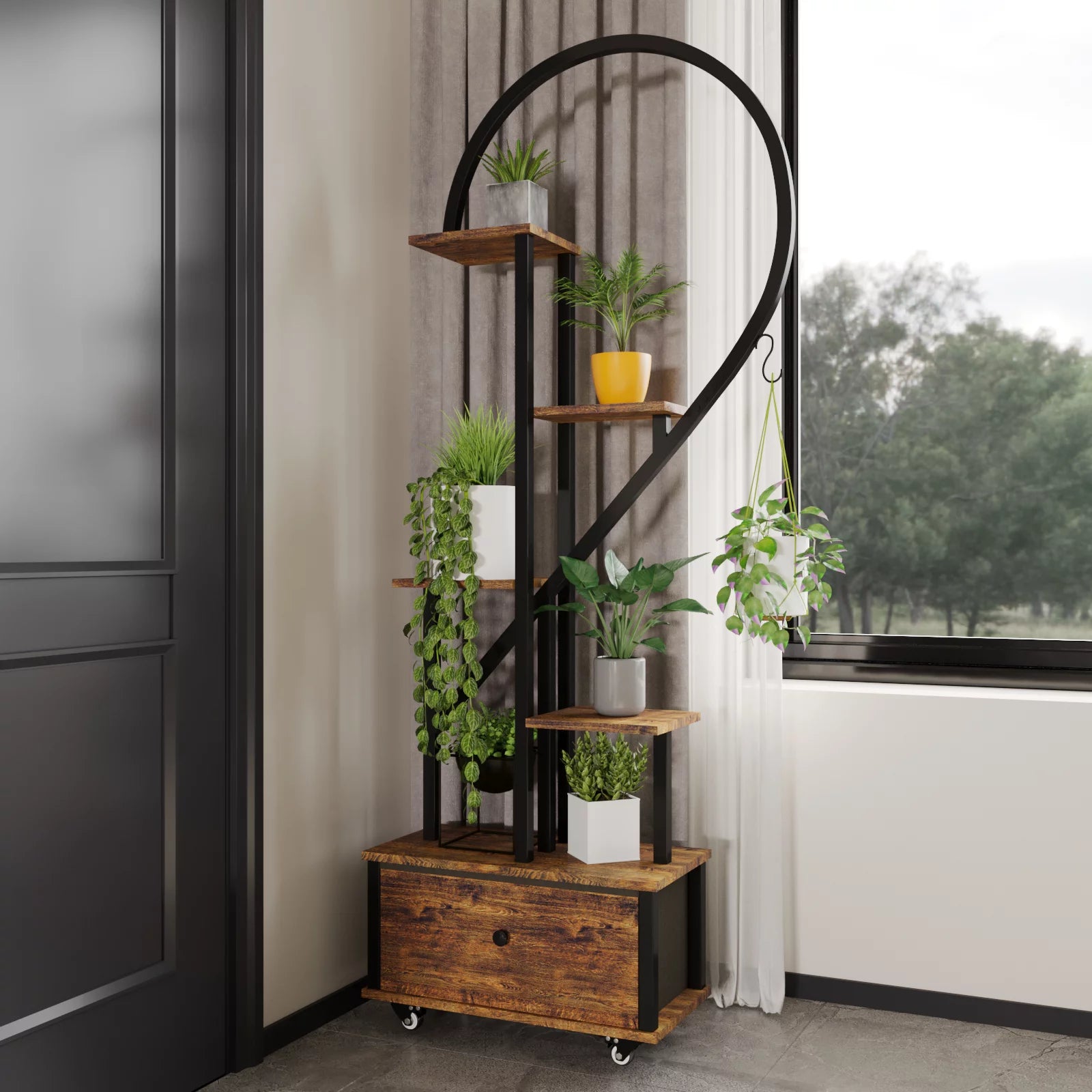 6 Tier Metal Plant Stand with Drawer and Roller, 2pcs S796