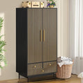 White 64.96" Wooden Armoire Wardrobe with 2 Doors, Hanging Rod, Shelf, 3 Drawers M69198