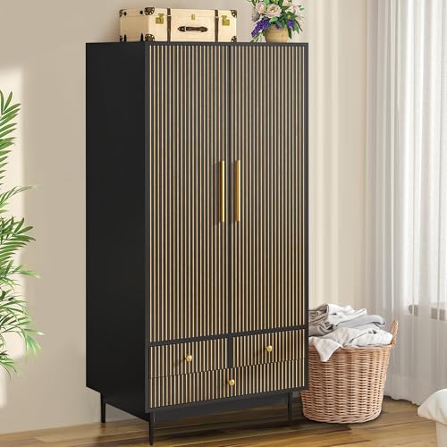 White 64.96" Wooden Armoire Wardrobe with 2 Doors, Hanging Rod, Shelf, 3 Drawers M69198