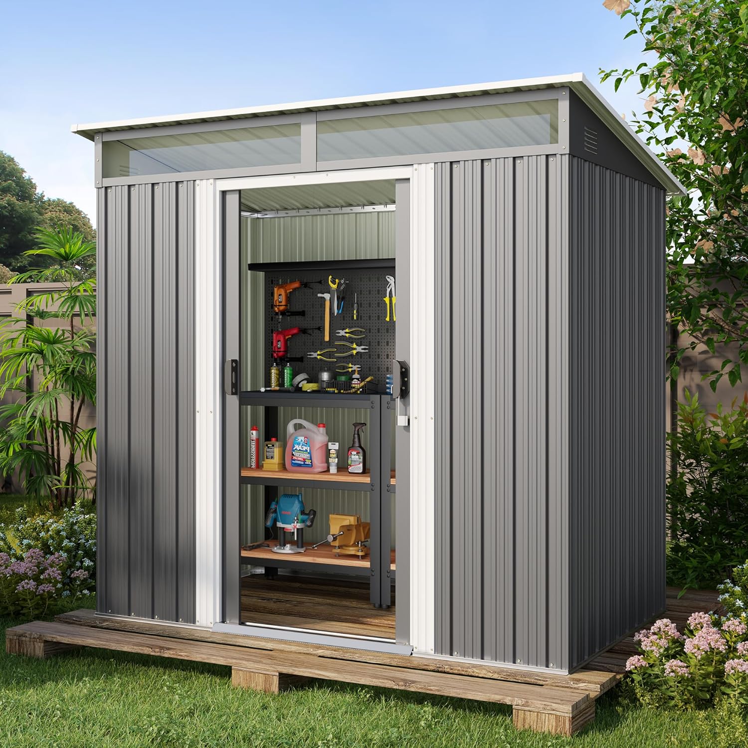 6' x 4' Outdoor Metal Storage Shed with Sliding Doors Dark Gray P6142