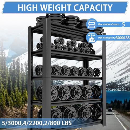 5-Tier Heavy Duty Garage Shelving Unit, 3000 LBS Capacity Metal Storage Rack 72" H x 48" W x 20" D, Adjustable Steel Shelves R174