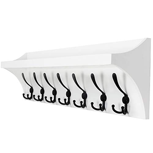 White 24” Solid Pine Wood Wall Shelf with 5 Hooks Q55203