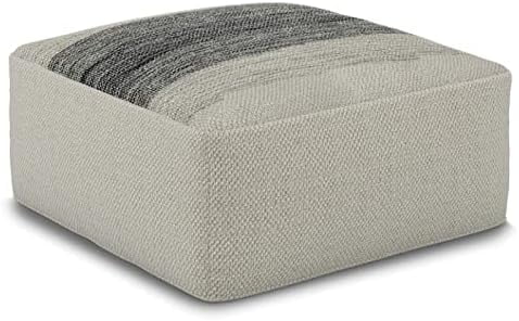 White And Gray Cotton Hand Knitted Square Pouf Ottoman, 20"X20"X10" R565