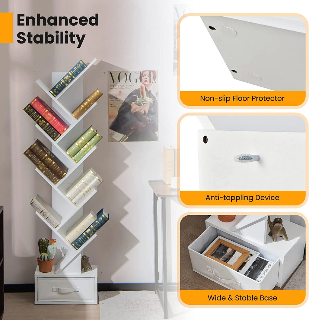 White 10 Shelf Wooden Bookcase with Drawer H252