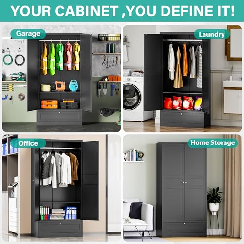 White Metal Wardrobe Cabinet with Adjustable Shelves and Hanging Rod A913069