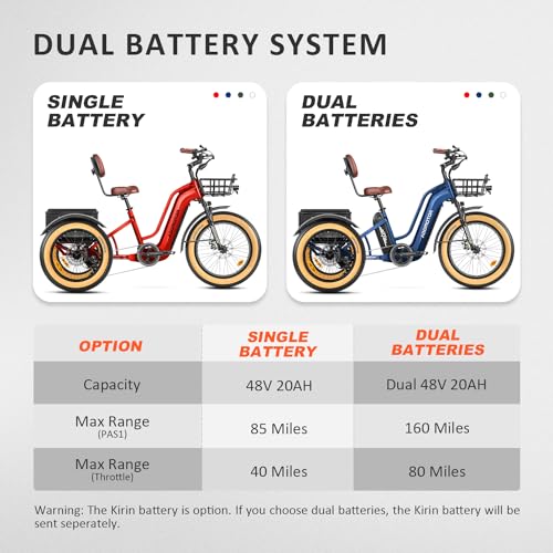 Electric Trike with 750W Rear Motor, 48V 20AH/40AH Dual Battery System, Differential, Parking Brake W37542