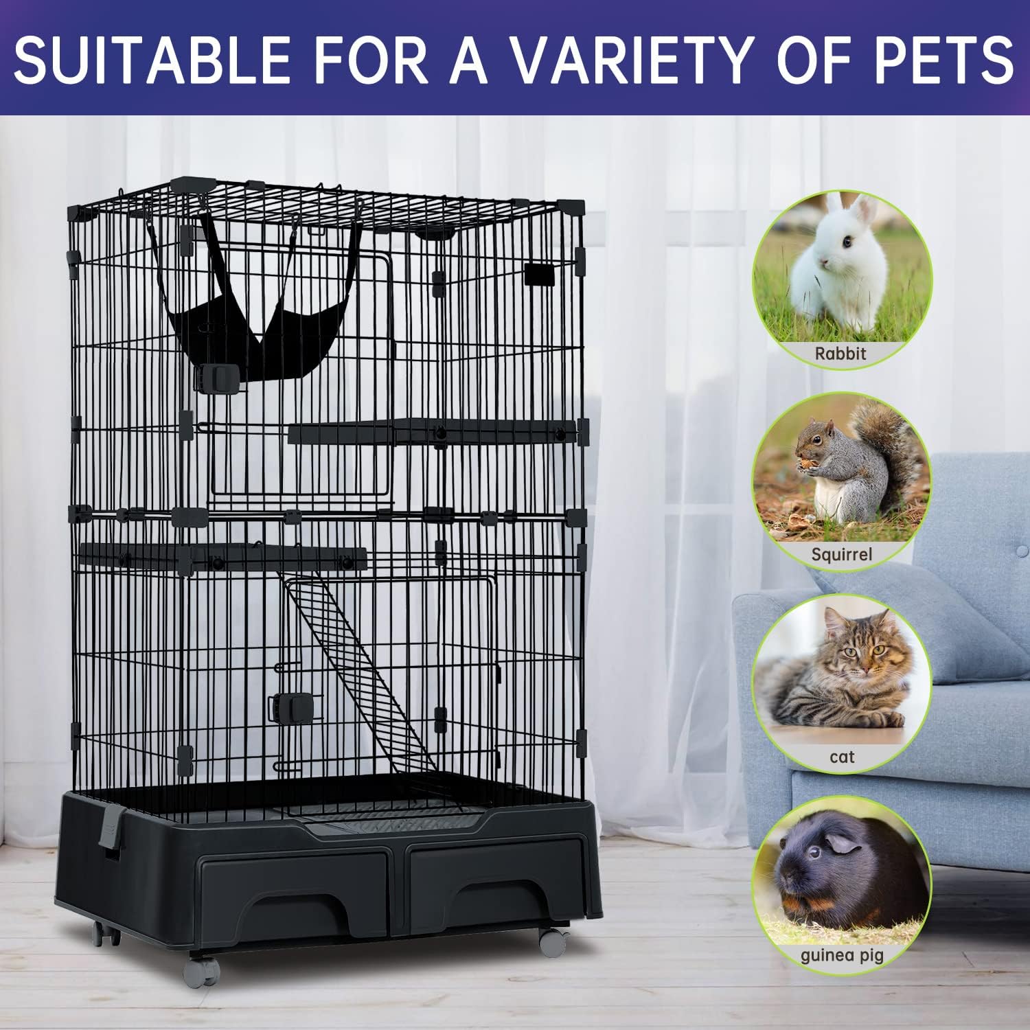 Large Metal Wire Cat Cage with Litter Box & 2 Front Door & Ramp Ladders & 2 Resting Platforms Tray I5908