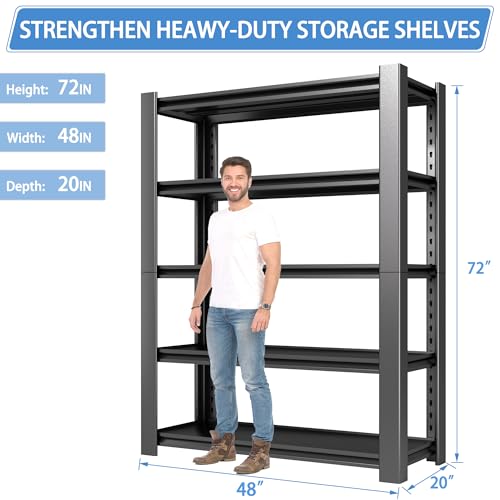 5-Tier Heavy Duty Garage Shelving Unit, 3000 LBS Capacity Metal Storage Rack 72" H x 48" W x 20" D, Adjustable Steel Shelves R174
