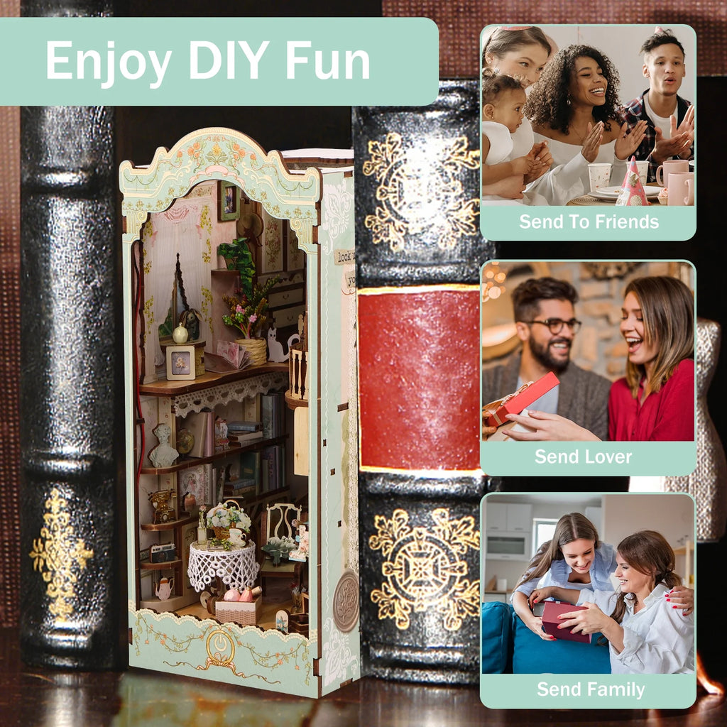 DIY Book Nook Kit, 3D Wooden Puzzle Bookshelf Insert Decor with LED Light B47802