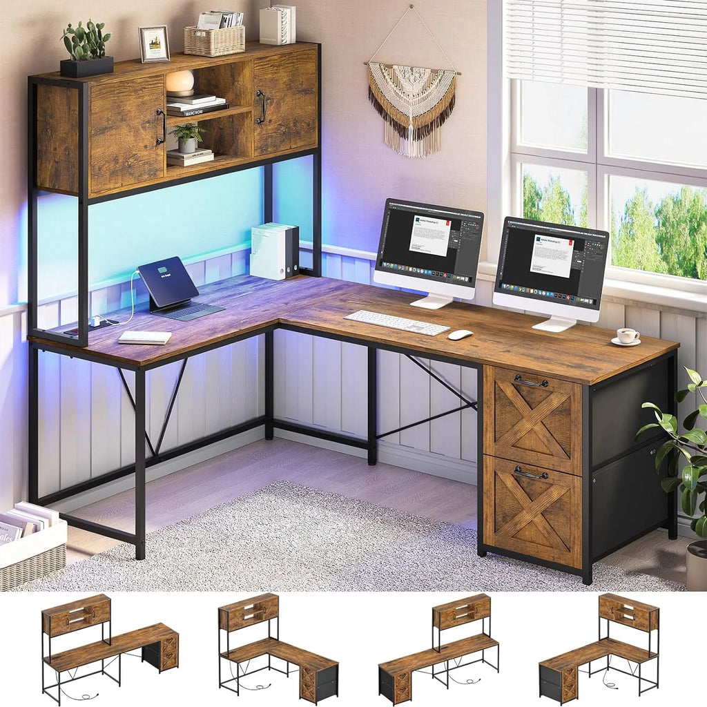 Rustic Brown L Shaped Desk with Fabric Drawers and Power Outlet S71142